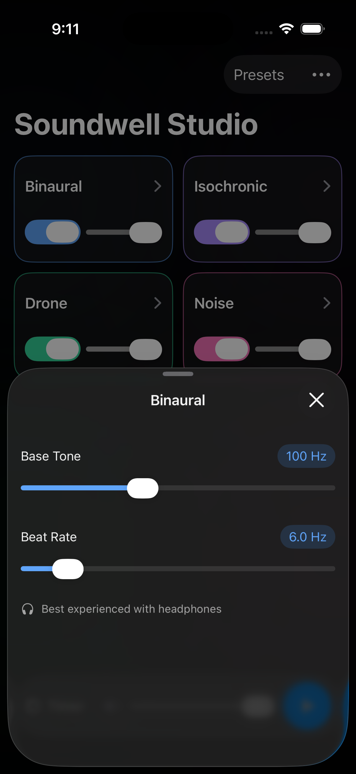 Soundwell Studio binaural beats editor with base tone and beat rate controls